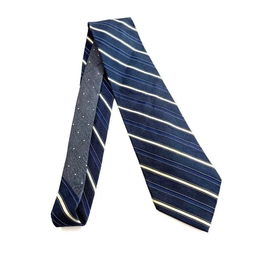 Tommy‎ Hilfiger Woven Blue Tan Striped W/ Gray Two Tone Polka Dot Silk Tie